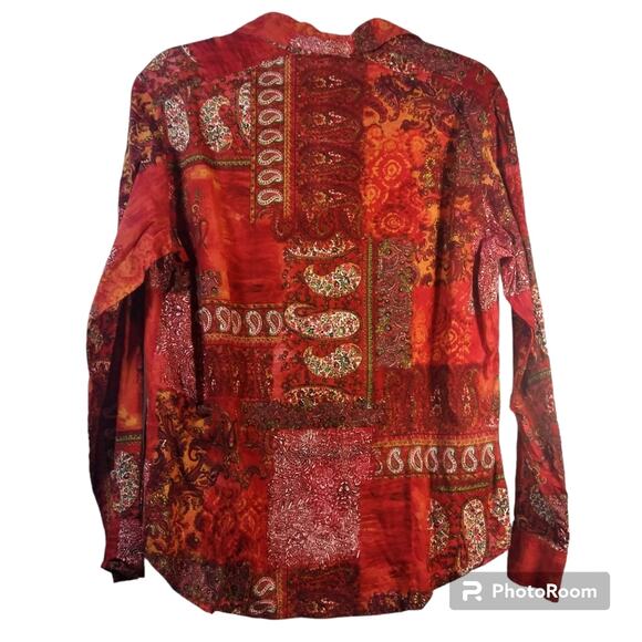 Chico's Red Paisley Patchwork Boho Western Long Sleeve Button Up Blouse Size 1 - Picture 2 of 5